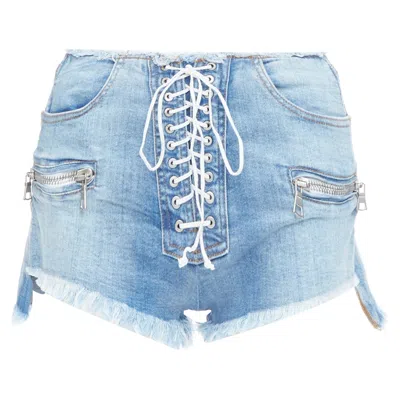 Ben Taverniti Unravel Project Washed Denim Laced Front Cut Off Shorts In Blue