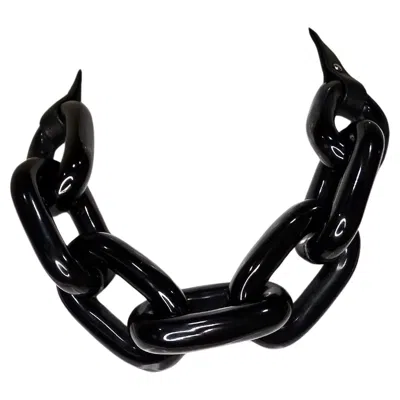 Pre-owned Ben-amun Chunky Black Resin Chain Link & Leather Necklace