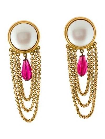 Pre-owned Ben-amun Faux Pearl & Resin Clip-on Drop Earrings In Red/white