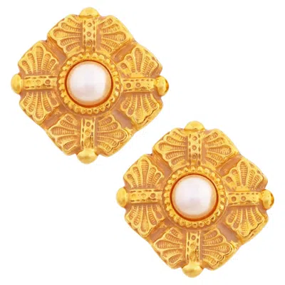 Pre-owned Ben-amun Gilded Etruscan Earrings With Faux Pearls By , 1980s In Multi