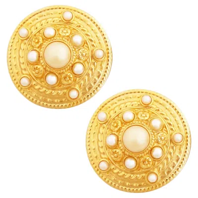 Pre-owned Ben-amun Gilded Etruscan Medallion Statement Earrings With Faux Pearls By , 1980s In Multi