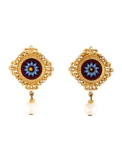 Pre-owned Ben-amun Glass & Faux Pearl Flower Clip On Drop Earring In Blue/brown/white