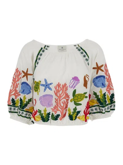 Benaras By Citrus Sea Life Embroidered Cotton Blouse In Multicolor