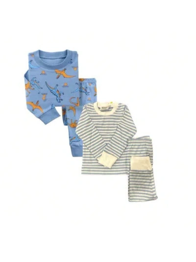 Benben Kids'  2 Pack Boys' Shortsleeve Pajamas In Blue Dino/stripes