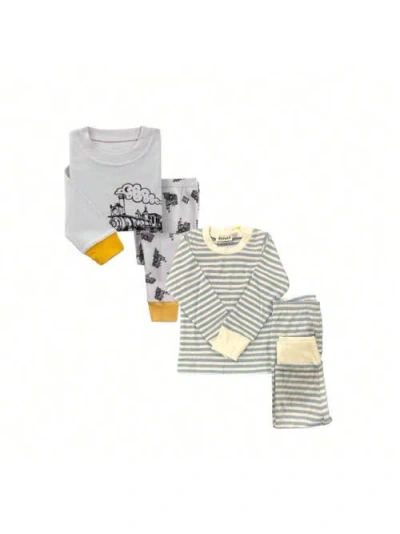 Benben Kids'  2 Pack Boys' Shortsleeve Pajamas In Trains/stripes