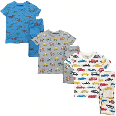 Benben Kids'  3 Pack Boys' Shortsleeve Pajamas In Blue Dinosaurs/cars/trucks