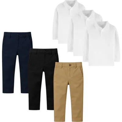 Benben Kids Back To School Uniform Set  3 Long Sleeve Polo Shirts & 3 Pants Bundle In White