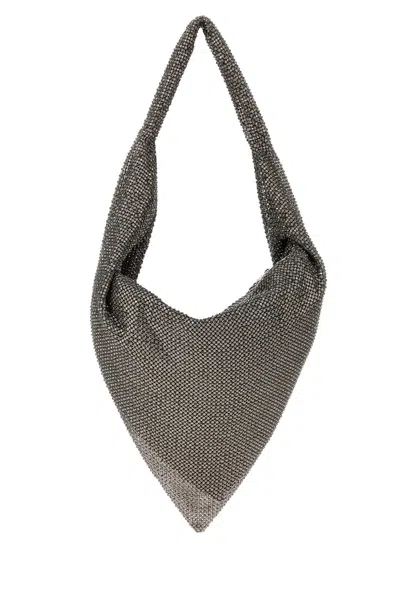 Benedetta Bruzziches Ursula Shoulder Handbag In Metal Knit With Rhinestone Detail In Grey