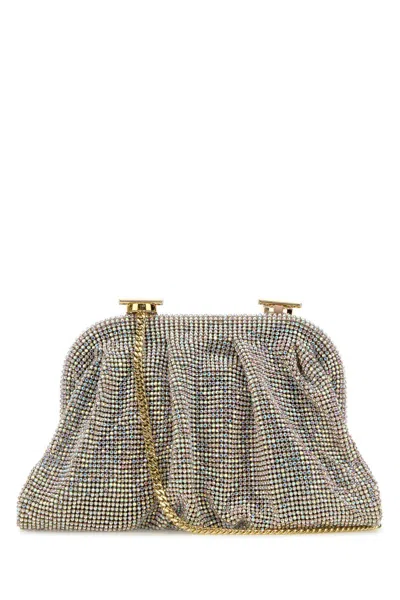 Benedetta Bruzziches Small Venus Clutch Pleated Rhinestone Fabric Chain In Gold