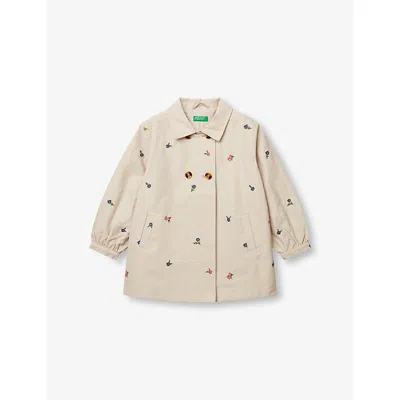 Benetton Kids' Beige Floral-embroidered Double-breasted Cotton-blend Trench Coat 18 Months - 6