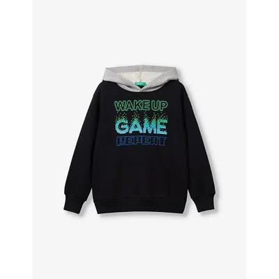 Benetton Kids' Black Graphic-print Regular-fit Cotton-blend Sweatshirt 6-14 Y