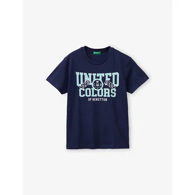 Benetton Kids' Blue Branded-print Short-sleeved Cotton-jersey T-shirt 6-13