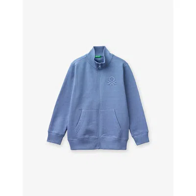 Benetton Kids' Brand-embroidered Zip-up Cotton-jersey Sweatshirt 6-13 In Blue