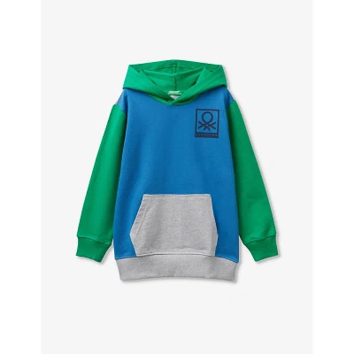 Benetton Kids' Colour-block Branded-print Cotton-jersey Hoody 6-14 Years In Airforce/grey Block