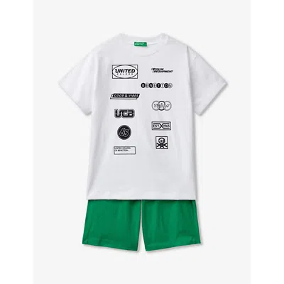 Benetton Boys  Green Kids Logo-print Short-sleeve Cotton Shorts And T-shirt Set 6-14 Years
