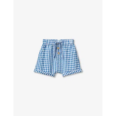 Benetton Boys Blue Check Kids Logo-embroidered Elasticated-waist Gingham Cotton Shorts 1-18 Months