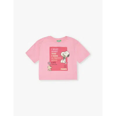 Benetton Boys Fuchsia Pink Kids Snoopy Graphic-print Short-sleeve Cotton T-shirt 6-14 Years 13-14