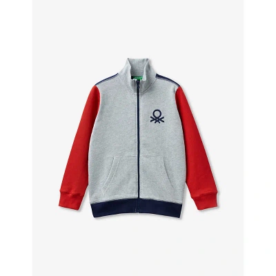 Benetton Kids' Logo-embroidered Zipped Cotton Sweatshirt 6-14 Years In Grey/navy Block