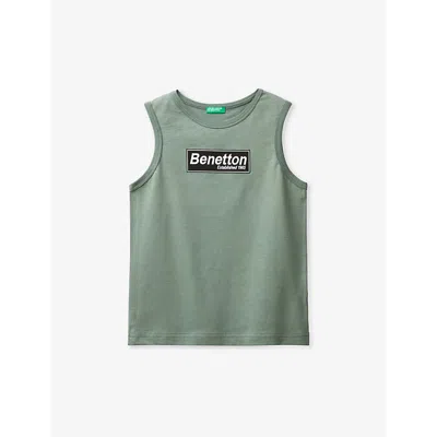 Benetton Boys Military Green Kids Branded-print Sleeveless Organic-cotton Top 6-14 Years