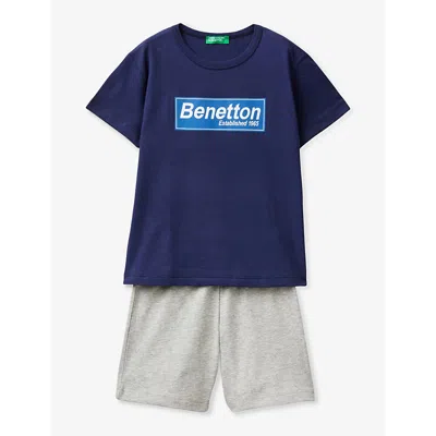 Benetton Kids' Logo Text-print T-shirt And Short Cotton-jersey Set In Navy/grey