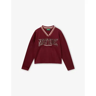 Benetton Kids' Burgundy Sequin-embellished Long-sleeved Cotton-jersey T-shirt 6-14