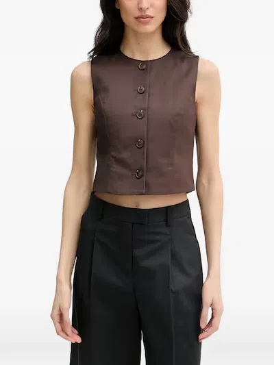 Benetton Button-up Cropped Top In Brown