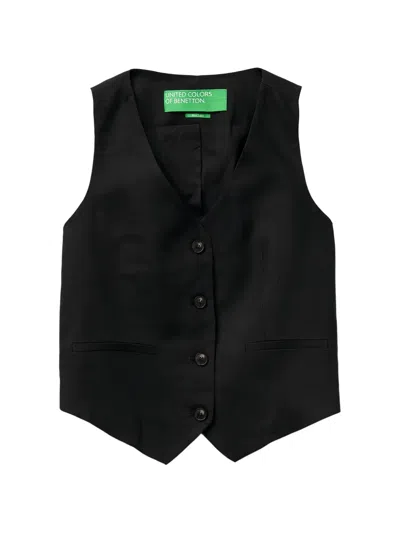 Benetton Button-up Linen Waistcoat In Black