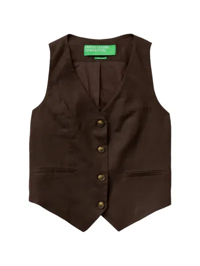 Benetton Button-up Linen Waistcoat In Brown