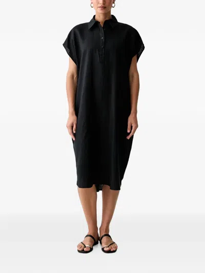 Benetton Button-up Short-sleeve Midi Dress In Black
