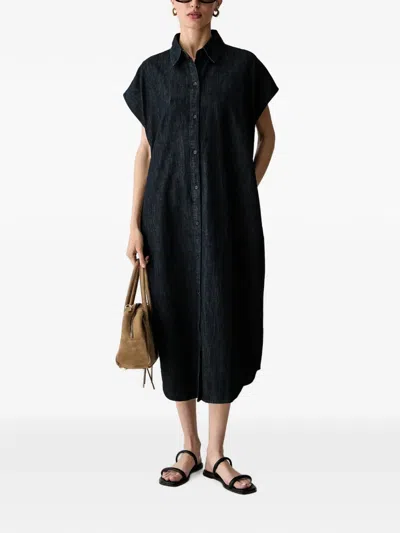 Benetton Button-up Short-sleeved Denim Midi Dress In Black