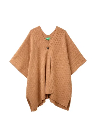 Benetton Cable-knit Button-up Cape In Brown