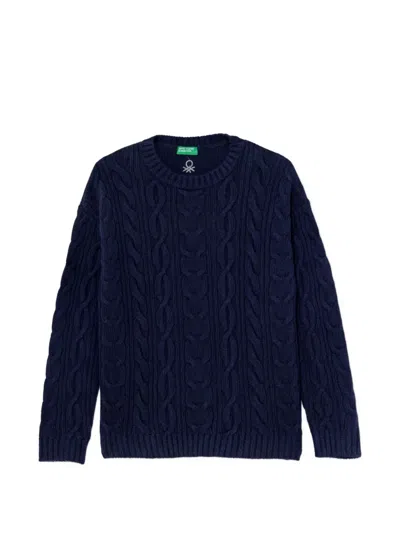 Benetton Kids' Cable-knit Crew-neck Sweater In Blue