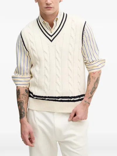 Benetton Cable-knit Striped-trim Sweater In Neutral