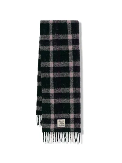 Benetton Check Fringed Scarf In Blue