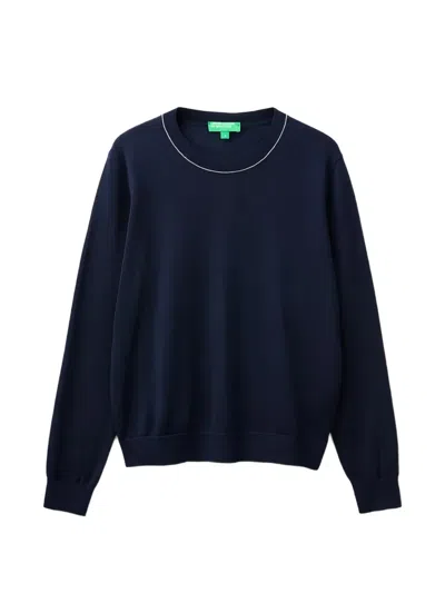 Benetton Contrast-trim Crew-neck Sweater In Blue