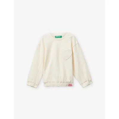 Benetton Kids' Cream Crewneck Heart-patch Cotton Sweatshirt 18 Months-5 In White