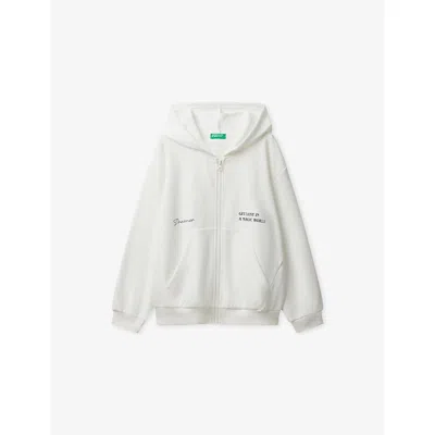 Benetton Kids' Cream Floral-print Relaxed-fit Cotton-blend Hoodie 6-14 In White