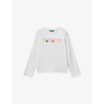 Benetton Kids' Cream Glittered Brand-print Long-sleeved Cotton-jersey T-shirt 18 Month In White
