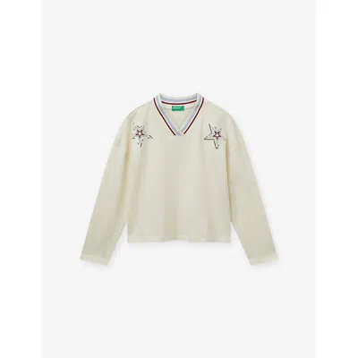 Benetton Kids' Cream Sequin-embellished Long-sleeved Cotton-jersey T-shirt 6-14 In White