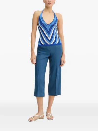 Benetton Cropped Linen Trousers In Blue
