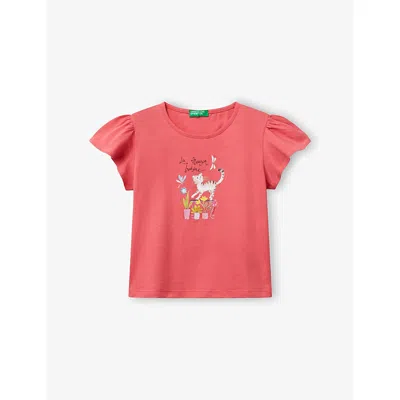 Benetton Babies' Flower-embroidered Frill-sleeve Cotton T-shirt 18 Months-6 Year