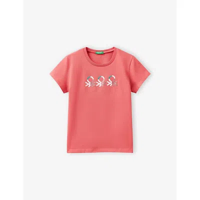 Benetton Kids' Cyclamen Glitter-logo Short-sleeve Cotton-jersey T-shirt 6-14