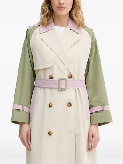 Benetton Double-breasted Colour-block Trench Coat In Neutral