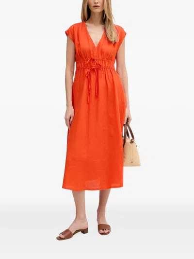 Benetton Drawstring V-neck Midi Dress In Orange