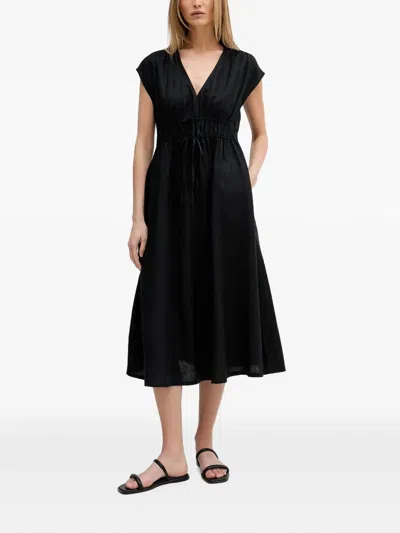 Benetton Drawstring-waist V-neck Midi Dress In Black