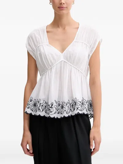 Benetton Embroidered-detail V-neck Blouse In White