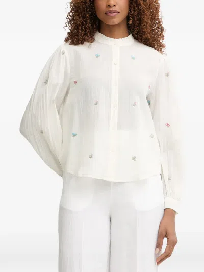 Benetton Floral-embroidered Ruffled-collar Blouse In Neutral