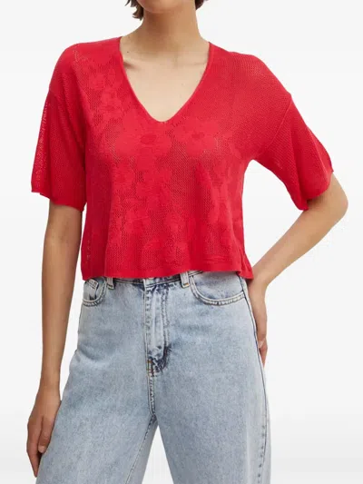 Benetton Floral-jacquard V-neck Sweater In Red