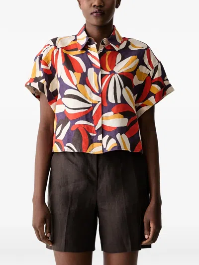 Benetton Floral-print Cropped Short-sleeved Shirt In Multi