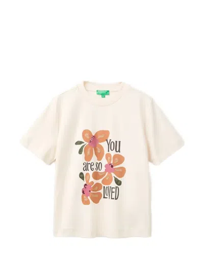 Benetton Floral-print T-shirt In Neutral